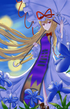  1girl absurdres artist_name blonde_hair blue_flower bow breasts closed_mouth commentary dated flower flower_request folding_fan gotokimei hair_bow hand_fan hat hat_ribbon highres holding holding_umbrella long_hair long_sleeves looking_at_viewer mob_cap purple_eyes purple_tabard red_bow ribbon smile solo tabard touhou umbrella very_long_hair white_umbrella wide_sleeves yakumo_yukari 