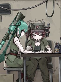  2girls ammunition_belt aqua_hair artist_name belt black_eyes black_shirt breasts cleavage commentary_request cross desk drill_hair facing_to_the_side facing_viewer green_pants green_shirt hair_between_eyes hatsune_miku highres holding_tool kasane_teto knees_together_feet_apart mechanical_arms military_uniform multiple_girls pants red_belt red_cross red_eyes red_hair rocket shackle_man_1u shirt sitting twintails twitter_username utau vocaloid wrench 