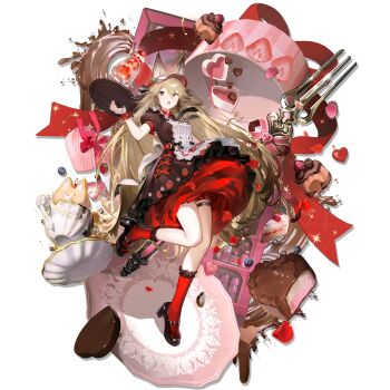  1girl :o animal_ears apron arknights back_bow belt black_bow black_shoes blonde_hair blueberry bow breeze_(arknights) breeze_(half-sweet_strawberry)_(arknights) brown_belt brown_dress brown_eyes buttons cabinet cake candy chocolate chocolate_cake chocolate_heart cup double-breasted dress drinking_straw falling fang fluff food food-themed_hair_ornament fork fox_ears fox_girl frilled_wrist_cuffs frills fruit full_body gem giant_fork hair_between_eyes hair_bow hair_ornament halftone heart heart-shaped_cake heart-shaped_food heart-shaped_gem high_heels highres holding holding_fork holding_tray lace lace-trimmed_skirt lace-trimmed_socks lace_trim layered_skirt leg_up long_hair looking_at_viewer mary_janes official_alternate_costume official_art on_plate open_mouth parfait pastry_box pink_bow pleated_skirt puffy_short_sleeves puffy_sleeves red_belt red_bow red_gem red_skirt red_socks red_wrist_cuffs shoes short_sleeves sidelocks skirt sleeve_belt socks solo strawberry strawberry_hair_ornament strawberry_parfait striped_apron striped_bow striped_clothes studio_montagne tachi-e teacup thigh_belt thigh_strap third-party_source transparent_background tray valentine vertical-striped_apron vertical-striped_clothes very_long_hair visor_cap waitress white_apron white_bow wrist_cuffs 