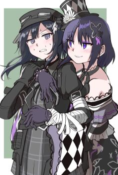  2girls bandaged_arm bandages bare_shoulders black_choker black_gloves black_hair black_hat black_jacket black_kimono black_ribbon bug butterfly butterfly_hair_ornament checkered_sleeves choker cowboy_shot dress eyeshadow flower gloves grey_dress grey_eyes hair_ornament hand_on_another's_chest hat hat_flower highres holding_another's_wrist housho_margo hug hug_from_behind insect jacket japanese_clothes kimono kurobe_nanoka lolita_fashion long_hair long_sleeves looking_at_another mahou_shoujo_no_majo_saiban makeup mini_hat mini_top_hat multiple_girls neck_ribbon nervous_sweating parted_bangs purple_butterfly purple_eyes purple_eyeshadow ribbon shinmon_akika short_hair smile standing sweat top_hat twintails wa_lolita yuri 