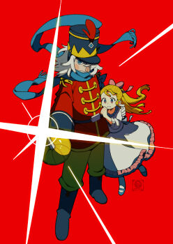  1boy 1girl black_boots blonde_hair blue_scarf boots bow clara_(the_nutcracker) coat commentary_request dress glint hat highres long_hair long_sleeves pink_bow rapier red_background red_coat scarf simple_background sword tenteko_mai51 the_nutcracker the_nutcracker_(character) weapon white_hair 