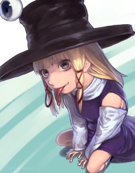  1girl artist_name blonde_hair brown_eyes brown_hat chest_sarashi commentary_request detached_sleeves envenomist_(gengoroumaru) hair_ribbon hands_on_ground hat highres kneehighs long_hair long_tongue moriya_suwako multiple_hair_ribbons one-hour_drawing_challenge purple_shoes purple_skirt purple_vest red_ribbon ribbon sarashi shoes sidelocks skirt socks solo squatting tongue touhou twitter_username vest white_socks  rating:General score:2 user:danbooru