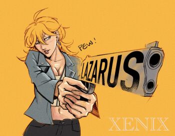  1girl ahoge aiming artist_name blonde_hair blue_eyes breasts christine_(lazarus) cleavage clenched_hands collarbone denim earrings female_focus finger_on_trigger fingernails gun hair_between_eyes highres holding holding_gun holding_weapon jacket jeans large_breasts lazarus light_blush lips long_hair long_sleeves midriff navel neck one_eye_closed open_clothes open_jacket outstretched_arms pants sidelocks sound_effects standing thick_lips triangle_earrings trigger_discipline weapon wink yellow_background 