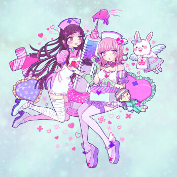  2girls bandages blue_background character_doll commentary_request cross danganronpa_(series) danganronpa_2:_goodbye_despair doll gloves hat heart heart-shaped_pillow hinata_hajime holding holding_syringe large_syringe latex latex_gloves multiple_girls nanami_chiaki nurse nurse_cap oversized_object pillow pink_hair syringe tsumiki_mikan uru_uruku usami_(danganronpa) 