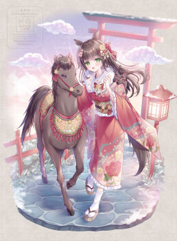  1girl animal_ears blush breasts brown_hair cloud commentary_request fence floral_print floral_print_kimono flower fur-trimmed_kimono fur_trim green_eyes hair_between_eyes hair_flower hair_ornament highres horse horse_ears horse_girl horse_tail japanese_clothes kimono kohinata_hoshimi lantern long_hair long_sleeves looking_at_viewer obi open_mouth original print_kimono red_kimono sandals sash sky smile socks stone_walkway tail torii white_socks wide_sleeves 
