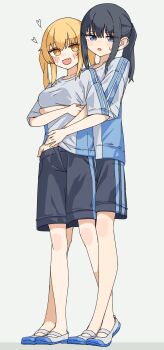  2girls absurdres arm_under_breasts black_hair black_shorts blonde_hair blue_eyes blush commentary_request fang grey_background hand_under_clothes heart highres hug hug_from_behind kopaka_(karda_nui) long_hair mary_janes multiple_girls open_mouth original ponytail shirt shoes shorts simple_background skin_fang twintails white_shirt white_shoes yellow_eyes yuri 