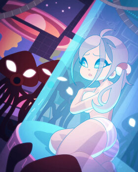  1girl alien ape_yacht_kookies ass back barefoot blue_eyes blush breasts chamber commentary covering_breasts covering_privates earth_(planet) english_commentary glass glass_chamber glowing glowing_eyes grey_hair liliana_canistrelli louis_lloyd-judson lying medium_breasts nude on_side original panties planet science_fiction side_ponytail solo striped_clothes striped_panties tan tanline toned toned_female toon_(style) topless_female underwear wire worried 