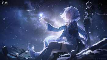  1boy 1girl absurdres black_hair black_jacket black_pants bow bowtie closed_mouth dress grey_dress grey_hair hand_up highres jacket logo long_hair looking_up male_rover_(wuthering_waves) mornye_(wuthering_waves) night orange_bow orange_bowtie outdoors outstretched_arm pants red_eyes rover_(wuthering_waves) school_uniform sitting sky solo standing star_(sky) starry_sky tacet_mark_(wuthering_waves) thighhighs very_long_hair white_thighhighs wuthering_waves 