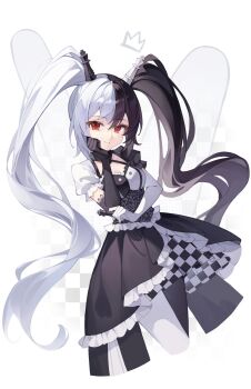  1girl asymmetrical_gloves asymmetrical_legwear asymmetrical_sleeves black_choker black_hair black_pantyhose checkered_clothes checkered_skirt chess_piece choker commentary commentary_typo corset criss-cross_straps cropped_legs drawn_crown dress elbow_gloves english_commentary frilled_dress frilled_sleeves frills gloves hair_between_eyes hair_ornament hand_on_own_cheek hand_on_own_elbow hand_on_own_face highres holding holding_chess_piece indie_virtual_youtuber king_(chess) lace lace-trimmed_gloves lace_trim long_hair miniskirt mismatched_gloves mismatched_legwear mismatched_sleeves multicolored_hair neggiee pantyhose pleated_skirt puffy_short_sleeves puffy_sleeves red_eyes revision second-party_source shironaaa_shikyo short_sleeves sidelocks skirt skirt_under_dress smile solo split-color_hair twintails two-tone_hair virtual_youtuber white_background white_hair white_pantyhose 