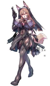  absurdres animal_ears black_veil bodysuit brown_eyes brown_hair commentary_request covered_erect_nipples covered_navel fox_ears fox_girl fox_tail gun hair_between_eyes handgun highres holding holding_gun holding_weapon impossible_bodysuit impossible_clothes impossible_leotard leotard long_hair natsukaze_shigure nun original skin_tight tail veil weapon 