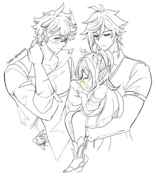  1girl 2boys blush dendro_symbol_(genshin_impact) embarrassed ergogida genshin_impact greyscale highres kissing_hand monochrome multiple_boys nahida_(genshin_impact) pointy_ears tartaglia_(genshin_impact) twitter white_background zhongli_(genshin_impact)  rating:General score:1 user:Dwan2227