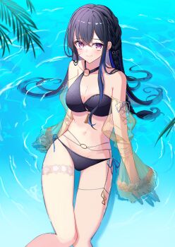 1girl absurdres bikini black_bikini black_hair body_chain braid breasts brown_sleeves cleavage closed_mouth commentary_request crossed_bangs detached_sleeves feet_out_of_frame hair_spread_out highres ichinose_uruha koohii_mikan large_breasts long_hair multicolored_eyes palm_leaf parted_bangs pink_eyes pink_pupils purple_eyes reclining ripples see-through_clothes see-through_sleeves side-tie_bikini_bottom side_braid smile solo stomach swimsuit very_long_hair virtual_youtuber vspo! water 
