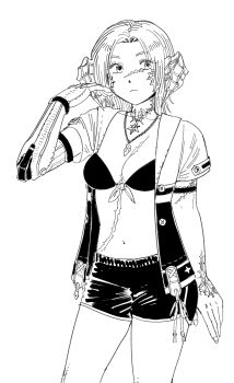  1girl absurdres cowboy_shot demon_horns heidi_(heytherenrds) highres horns jewelry monochrome navel necklace original prosthesis prosthetic_arm scar scar_on_face scar_on_stomach short_hair short_shorts shorts sketch solo 