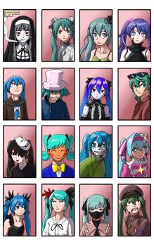  1girl ^_^ annotated aqua_eyes aqua_hair black_dress black_hair black_robe blue_eyes blue_hair blue_jacket blue_neckerchief bow bowtie brown_hat brown_jacket brown_sailor_collar closed_eyes commentary dodo_fgi donut_hole_(vocaloid) dress earbuds earphones english_commentary evil_grin evil_smile eyewear_on_head ghost_rule_(vocaloid) green_hair green_jacket grin hair_ribbon hairband hat hatsune_miku hatsune_miku_(conflict) hatsune_miku_(ghost_module) hatsune_miku_(ichi_no_sakura_oka) hatsune_miku_(infinity) hatsune_miku_(rolling_girl) hatsune_miku_(supreme) highres ima_sugu_rinne_(vocaloid) invincible_(series) invincible_war_variants_(meme) jacket jirai_kei kamippoina_(vocaloid) kochira_koufuku_anshin_iinkai_desu_(vocaloid) long_hair mask mask_on_head matryoshka_(vocaloid) meme military_uniform mouth_mask multiple_views musunde_hiraite_rasetsu_to_mukuro_(vocaloid) neckerchief nun nun_headdress parody peaked_cap pink_bow pink_bowtie pink_dress pink_hairband pink_shirt project_diva_(series) red_eyes ribbon robe rolling_girl_(vocaloid) sailor_collar senbonzakura_(vocaloid) sharp_teeth shinkai_shoujo_(vocaloid) shirt smile smoking static_(vocaloid) suna_no_wakusei_(vocaloid) sunglasses teeth twintails ura-omote_lovers_(vocaloid) v-shaped_eyebrows vampire_(vocaloid) vocaloid white_shirt world_is_mine_(vocaloid)  rating:General score:0 user:danbooru