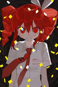  baumkuchen_endroll_(vocaloid) blue_pupils bow clenched_teeth collared_shirt commentary confetti crying dated drill_hair hair_bow highres kasane_teto kasane_teto_(sv) mismatched_pupils mumukyabi necktie red_eyes red_hair shirt short_sleeves song_name sweat symbol-only_commentary synthesizer_v tears teeth tie_clip twin_drills upper_body utau 