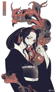  1girl arm_at_side artist_name black_eyeshadow black_kimono black_lips black_sash blue_nails clenched_teeth colored_skin commentary_request demon_girl extra_eyes eyeshadow fingernails flesh genderswap genderswap_(mtf) hair_bun hair_ornament hand_up japanese_clothes kaifei_(kaifei_29) kibutsuji_muzan kibutsuji_muzan_(female) kimetsu_no_yaiba kimono long_fingernails long_hair long_sidelocks long_sleeves looking_at_viewer makeup mascara obi pale_skin parted_lips raised_eyebrows red_eyes sash sharp_fingernails sharp_teeth sidelocks simple_background single_hair_bun slit_pupils solo standing tassel tassel_hair_ornament teeth updo upper_body veins watermark wavy_hair wavy_sidelocks weibo_username weibo_watermark white_background white_skin wide_sleeves 