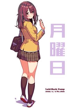  1girl bag blazer blush brown_bag brown_hair brown_skirt brown_socks closed_mouth commentary_request copyright_name dated from_behind full_body highres jacket jagi_(jagi_souken) looking_at_viewer looking_back loose_hair_strand nail_polish necktie orange_jacket pink_nails pleated_skirt school_bag shoes shoulder_bag simple_background skirt smile socks solo toki_ayano uwabaki waving white_background yellow_eyes yurucamp 