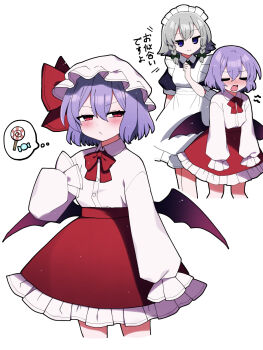  2girls absurdres adapted_costume bat_wings blue_eyes blush candy closed_mouth collared_shirt commentary_request food grey_hair hair_between_eyes hat high-waist_skirt highres izayoi_sakuya lollipop long_sleeves maid maid_headdress mob_cap multiple_girls open_mouth pink_shirt purple_hair red_eyes red_skirt remilia_scarlet shirt short_hair simple_background skirt sleeves_past_fingers sleeves_past_wrists smile speech_bubble swirl_lollipop thought_bubble touhou translated white_background white_hat wings you_(noanoamoemoe) 