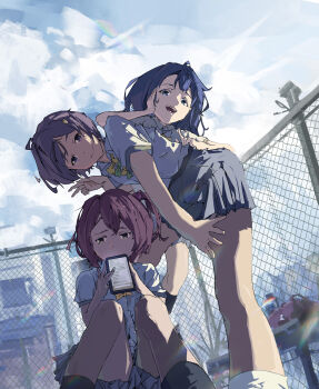  3girls absurdres averting_eyes bent_over black_hair blue_hair cellphone closed_mouth clothes_lift commentary_request day grey_shirt grey_skirt hair_bobbles hair_ornament hand_on_own_face hand_on_own_thigh highres holding holding_phone jujujugan knees_up komari_chika looking_at_viewer make_heroine_ga_oo_sugiru! multiple_girls one_side_up open_mouth outdoors phone red_hair school_uniform shirt short_hair short_sleeves sidelighting sitting skirt sky smartphone smile standing tsuwabuki_high_school_uniform v yakishio_lemon yanami_anna 