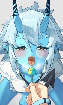  1boy 1girl absurdres black_necktie blue_horns blue_oni blue_skin blue_tail blush breasts breath candy collarbone collared_shirt colored_skin demon_horns demon_tail earrings embarrassed fangs fingernails food from_above hair_between_eyes hair_between_horns half-closed_eyes heavy_breathing highres holding_candy holding_lollipop horns jewelry loli lollipop long_sleeves looking_at_viewer loose_necktie multicolored_horns mutsuki_albino necktie oni open_mouth pointy_ears red_eyes shirt short_hair simple_background skin-covered_horns small_breasts soukaku_(zenless_zone_zero) tail tail_wrap teeth thick_eyebrows tongue two-tone_horns two-tone_tail upper_teeth_only white_background white_hair white_shirt zenless_zone_zero 