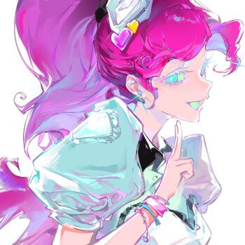  1girl :d absurdres apron backlighting bare_arms blue_eyes blue_shirt bracelet breasts bright_pupils chinese_commentary collared_shirt colored_eyelashes commentary_request curly_hair dixie_cup_hat earrings equestria_girls:_summertime_shorts frilled_apron frilled_sleeves frills from_side grin hand_up hat hat_ornament hat_tip heart heart_hat_ornament high_ponytail highres jewelry long_hair looking_at_viewer military_hat multiple_bracelets my_little_pony my_little_pony:_equestria_girls my_little_pony:_friendship_is_magic official_alternate_costume official_alternate_hairstyle open_mouth pink_hair pinkie_pie pinkie_pie_(equestria_girls) ponytail procreate_(medium) profile puffy_short_sleeves puffy_sleeves shirt short_sleeves simple_background small_breasts smile solo sparkle upper_body very_long_hair white_apron white_background white_eyelashes white_hat white_pupils yaotaihhh 