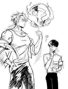 2boys absurdres akagi_kazuaki artist_request closed_mouth cropped_legs fire gloves hanagata_kaede hand_in_pocket hand_on_own_face heart highres implied_yaoi kemono_jihen male_focus monochrome multiple_boys muscular muscular_male pants profile short_hair tank_top upper_body white_background