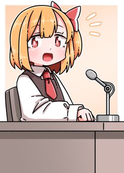  1girl black_vest blonde_hair bow collared_shirt commentary_request hair_bow highres long_sleeves looking_at_viewer medium_hair microphone necktie open_mouth red_bow red_eyes red_necktie roco_(katsuya1011) rumia shirt sitting smile solo touhou vest white_shirt 