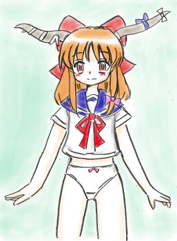  1girl blue_ribbon blush bow bow_panties crotch_seam demon_horns green_background hair_bow hair_ribbon horn_ornament horn_ribbon horns ibuki_suika loli long_hair looking_at_viewer midriff neck_ribbon oni orange_hair panties pink_bow pink_ribbon red_bow red_ribbon ribbon school_uniform shirt short_sleeves sketch smile standing su_(pixiv_263717) touhou underwear white_panties white_ribbon white_shirt yellow_eyes 