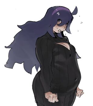 1girl @_@ alternate_body_size alternate_costume backless_outfit belly black_sweater blush breasts cleavage cleavage_cutout clenched_hands clothing_cutout covered_navel cowboy_shot dress fat fat_woman flying_sweatdrops hair_between_eyes hairband hex_maniac_(pokemon) hex_maniac_(pokemon_xy) highres khentaiu long_hair long_sleeves looking_at_viewer medium_breasts messy_hair nervous_sweating nintendo open_mouth pokemon pokemon_xy purple_eyes purple_hair purple_hairband ribbed_sweater solo sweat sweater sweater_dress turtleneck turtleneck_sweater