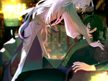  2boys absurdres ahoge arm_rest backlighting blue_eyes blue_gemstone blue_hair blurry blurry_background boy_on_top cheek_tattoo chinese_clothes chinese_commentary commentary_request couch covered_mouth depth_of_field eye_contact feet_out_of_frame flipped_hair from_side gatling_pea_(plants_vs._zombies) gem gradient_hair green_hair green_hanfu hair_between_eyes hands_on_another's_shoulders hanfu highres huge_ahoge lantern leaning_forward long_sleeves looking_at_another looking_down looking_up male_focus medium_hair multicolored_hair multiple_boys night on_couch outdoors outstretched_arms pants personification plants_vs._zombies plants_vs._zombies_2 ponytail profile purple_pants shadow_peashooter_(plants_vs._zombies) side_slit siiiiiiiiiii sitting standing tattoo two-tone_hair white_hair white_hanfu yaoi yellow_eyes 