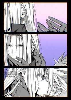  2boys black_border black_coat black_gloves border closed_eyes cloud_strife coat commentary earrings final_fantasy final_fantasy_vii final_fantasy_vii:_advent_children gloves hair_between_eyes hand_in_another's_hair highres jewelry kiss long_hair male_focus monochrome multiple_boys parted_bangs parted_lips popped_collar purple_background sephiroth short_hair single_earring slit_pupils spiked_hair symbol-only_commentary twitter_username upper_body yaoi yunyunonigiri 