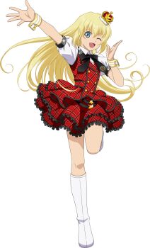  1girl artist_request bandai_namco blonde_hair blue_eyes boots colette_brunel crown full_body game_cg highres idol idol_clothes idolmaster idolmaster_million_live! long_hair looking_at_viewer mini_crown official_art one_eye_closed open_mouth prologue_rouge_(idolmaster) red_skirt skirt smile solo star_(symbol) tales_of_(series) tales_of_asteria tales_of_symphonia third-party_source transparent_background white_boots 