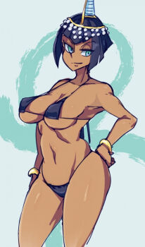  184nx 1girl bikini black_bikini black_hair blue_eyes bracelet breasts circlet dark-skinned_female dark_skin eliza_(skullgirls) female_focus grey_background hand_on_own_hip highres jewelry large_breasts navel short_hair skullgirls smile solo swimsuit  rating:Sensitive score:22 user:HomeStruck