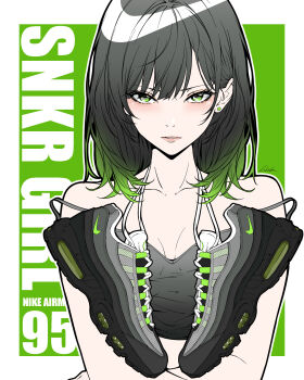  1girl bambi_surprise bare_shoulders black_camisole black_hair black_shoes camisole double_strap_slip earrings gradient_hair green_eyes green_hair green_shoes grey_shoes highres jewelry looking_at_viewer medium_hair multicolored_hair multicolored_shoes nike_(company) original shoes signature sneakers solo strap_slip stud_earrings symbol_in_eye two-tone_hair unworn_shoes upper_body 