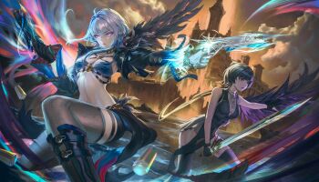  2girls absurdres ahoge asymmetrical_wings bandeau bare_shoulders black_boots black_dress black_gloves black_hair black_jacket black_pantyhose black_shorts black_thighhighs blue_bandeau blue_hair boots breast_cutout breasts cleavage closed_mouth cloud cloudy_sky commentary criss-cross_straps cropped_jacket cross-laced_clothes cross-laced_dress cross-laced_top dress dual_wielding feathered_wings female_rover_(wuthering_waves) galbrena_(wuthering_waves) gloves gold_choker grey_hair groin gun gwangmin_choi hair_between_eyes hair_ribbon highres holding holding_gun holding_sword holding_weapon jacket knee_boots long_hair long_sleeves looking_at_viewer low_ponytail medium_breasts medium_hair midriff mismatched_wings multicolored_hair multiple_girls navel on_one_knee open_mouth outdoors pantyhose partially_fingerless_gloves ponytail purple_eyes ribbon rover_(wuthering_waves) shell_casing short_shorts shorts sidelocks single_glove single_leg_pantyhose single_thighhigh single_wing skindentation sky sleeveless sleeveless_dress standing sword thighhighs two-tone_hair very_long_fingernails weapon wings wuthering_waves yellow_eyes 