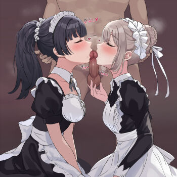 1boy 2girls apron black_hair blush breasts caressing_testicles censored closed_eyes commentary_request cooperative_fellatio erection fellatio grey_hair highres idolmaster idolmaster_shiny_colors kissing_penis kurokin large_breasts long_hair long_sleeves maid maid_headdress mayuzumi_fuyuko mosaic_censoring multiple_girls oral penis ponytail serizawa_asahi short_sleeves sidelocks simple_background small_breasts teamwork_(sexual) testicles white_apron white_headwear rating:Explicit score:184 user:danbooru
