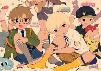  6+boys ambulance blonde_hair blue_eyes book brown_eyes brown_hair bus child commentary fire_truck glasses male_focus motor_vehicle multiple_boys necktie no_shoes noeyebrow_(mauve) open_mouth original reading school_bus shirt short_hair shorts simple_background sitting socks star_(symbol) stuffed_animal stuffed_toy suspenders teddy_bear truck  rating:General score:1 user:danbooru
