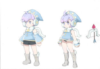  1boy 1girl ahoge arms_at_sides arrow_(projectile) artist_request asgard bare_shoulders black_leotard black_shorts blue_hat blue_shirt blue_sleeves blue_wrist_cuffs boots bow_(weapon) clenched_hands dot_nose earmuffs full_body fur-trimmed_shirt fur-trimmed_sleeves fur-trimmed_wrist_cuffs fur_collar fur_trim grey_boots hat heart heart_arrow knee_boots lace-up_boots legs_apart leotard long_sleeves nexon official_art pastel_colors print_hat production_art purple_eyes purple_hair second-party_source see-through_clothes see-through_shirt shirt short_hair shorts simple_background sleeveless sleeveless_shirt smile split_mouth standing star_(symbol) star_button star_print weapon white_background wide_sleeves winged_boots winged_sleeves wrist_cuffs yellow_trim 