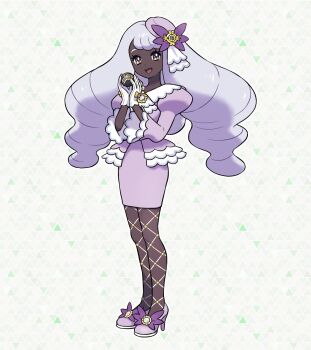  1girl black_pantyhose commentary_request dark-skinned_female dark_skin dress fascinator fishnet_pantyhose fishnets frills full_body glove_bow gloves gold_ring hair_ornament highres holding holding_poke_ball jacinthe_(pokemon) juliet_sleeves long_hair long_sleeves looking_at_viewer low_drills luxury_ball mega_stone nintendo official_art open_mouth pantyhose poke_ball pokemon pokemon_legends:_z-a puffy_sleeves purple_dress purple_eyes purple_hair shoes smile solo very_dark_skin white_gloves 