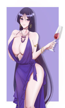  1girl absurdres alcohol bare_shoulders blush breasts choker cleavage cup dress drinking_glass earrings fate/grand_order fate_(series) highres jewelry large_breasts long_hair looking_at_viewer mantou_devil minamoto_no_raikou_(fate) necklace parted_bangs plunging_neckline purple_dress purple_eyes purple_hair side_slit smile solo thighs very_long_hair wine wine_glass 