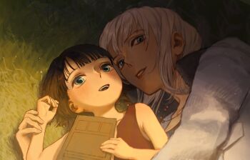  2girls affectionate black_hair blue_eyes blunt_bangs blush book commentary_request dress grass highres holding holding_book hug jewelry lying mother_and_daughter multiple_girls necklace nico_olvia nico_robin on_back on_side one_piece sato_makie short_hair smile white_hair 