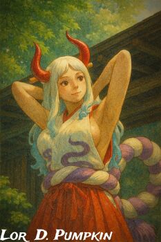  1girl breasts cleavage highres horns japanese_clothes kimono large_breasts long_hair one_piece waifu2x white_hair yamato_(one_piece) 