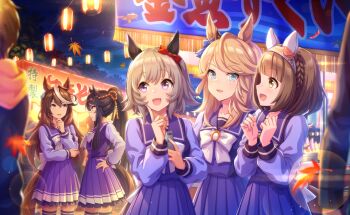  5girls animal_ears artist_request autumn back_bow bandaid bandaid_on_face bandaid_on_nose banner black_hairband blonde_hair blue_bow blue_eyes blue_sailor_collar blue_shirt blue_skirt blue_sky blue_thighhighs blunt_bangs bow bowtie braid breasts brooch brown_hair cellphone cloud collarbone cowboy_shot crown_braid curren_chan_(umamusume) dot_nose ear_bow ear_covers ear_ornament expressionless eyelashes eyes_visible_through_hair falling_leaves festival flat_chest food_stand game_cg gold_city_(umamusume) grey_hair hairband hand_on_own_chin hand_on_own_elbow hand_on_own_hip happy high-waist_skirt highres holding holding_phone horse_ears horse_girl horse_tail horseshoe_ornament jewelry lace-trimmed_hairband lace_trim leaf light_blush light_particles long_hair long_sleeves looking_at_another looking_to_the_side loose_hair_strand maple_leaf medium_breasts medium_hair mid-autumn_festival miniskirt multicolored_hair multiple_girls narita_brian_(umamusume) night official_art open_mouth outdoors phone pleated_skirt pointy_nose ponytail puffy_long_sleeves puffy_sleeves purple_eyes red_bow rope sailor_collar school_uniform see-through_hairband shimenawa shirt sidelocks skirt sky small_breasts smartphone smile standing star_(sky) starry_sky streaked_hair swept_bangs symboli_rudolf_(umamusume) tail talking tareme thighhighs tracen_school_uniform tree tsurime umamusume very_long_hair white_bow white_bowtie white_hairband yellow_eyes yukino_bijin_(umamusume) zettai_ryouiki 