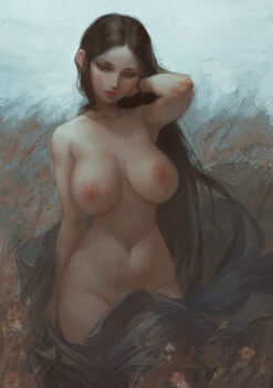  1girl black_hair blue_eyes blue_sky breasts field flower grass highres large_breasts long_hair nat_the_lich navel nipples nude original outdoors pandora_acherona_(nat_the_lich) parted_bangs sky solo  rating:Questionable score:125 user:danbooru