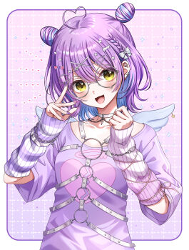  1girl :3 absurdres ahoge arm_warmers barbell_piercing blush border bow chain chest_harness choker collarbone colored_inner_hair double-parted_bangs double_bun ear_piercing earrings grid_background hair_between_eyes hair_bow hair_bun hair_ornament hairpin harness heart heart_ahoge heart_hair_ornament highres industrial_piercing jewelry looking_at_viewer medium_hair multicolored_hair multicolored_nails o-ring o-ring_harness open_mouth outside_border piercing pink_background purple_hair purple_shirt round_eyewear sasamisable shinomiya_runa shinomiya_runa_(4th_costume) shirt solo too_many_hair_ornaments upper_body virtual_youtuber vspo! white_border white_choker x_hair_ornament yellow_eyes 