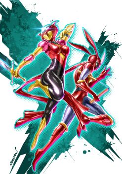 2girls absurdres aphrodai_a arm_up artist_name black_bodysuit bodysuit boots breasts cleavage_cutout clothing_cutout cockpit cosplay creator_connection cutie_honey cutie_honey_(character) cutie_honey_(character)_(cosplay) full_body glass_cockpit glint gloves hand_up hashtag-only_commentary hat_feather highres holding holding_nunchaku holding_sword holding_weapon kekkou_kamen kekkou_kamen_(character) kekkou_kamen_(character)_(cosplay) mask mazinger_(series) mazinger_z mecha mecha_focus medium_breasts multicolored_bodysuit multiple_girls naratani nunchaku red_bodysuit red_boots red_gloves red_mask red_scarf robot scarf shiny_clothes signature sleeveless sleeveless_bodysuit sword two-tone_bodysuit venus_a weapon yellow_boots yellow_gloves