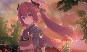  1girl :< absurdres bag blue_archive blush book cloud cloudy_sky demon_horns demon_wings dusk evening halo highres hira15623 holding holding_bag horns junko_(blue_archive) long_hair looking_at_viewer pointy_ears red_eyes red_hair shirt sky solo tree twintails wings 