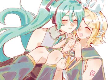 2girls arm_tattoo blonde_hair blue_hair blue_necktie bob_cut carrying closed_eyes detached_sleeves happy hatsune_miku highres kagamine_rin leg_warmers multiple_girls neckerchief necktie princess_carry sailor_collar smile tattoo twintails vocaloid yellow_neckerchief zero_(misamxsa08) 