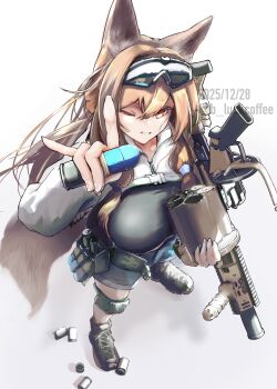  2025 animal_ears b-luck_coffee belt_pouch blonde_hair breasts dated eyewear_on_head fox_ears from_above full_body grenade_launcher gun highres holding holding_gun holding_weapon long_sleeves milkor_mgl one_eye_closed orange_eyes original pouch reloading sunglasses weapon 