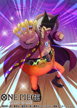  1boy black_hair boots clenched_hand clenched_teeth coat coin commentary_request copyright_name foxy_(one_piece) full_body glint holding long_nose looking_at_viewer male_focus moopic motion_lines official_art one_piece one_piece_card_game orange_pants pants purple_coat smile solo suspenders teeth 